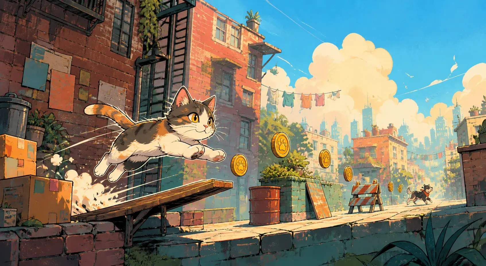 maomaogogo 概念图：猫咪在城市后巷中跳跃，沿途收集金币